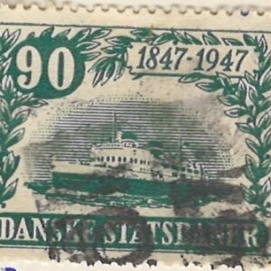 DSB 1947 100 års jubilæumsudgave – 90 øre grøn – færgemotiv stemplet hængslet