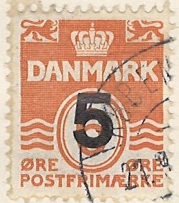 5 på 6 øre dk-0361 stemplet hængslet